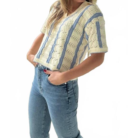 NEW CENTRAL PARK WEST novelty stitch polo pullover top in ivory combo - Picture 2 of 4